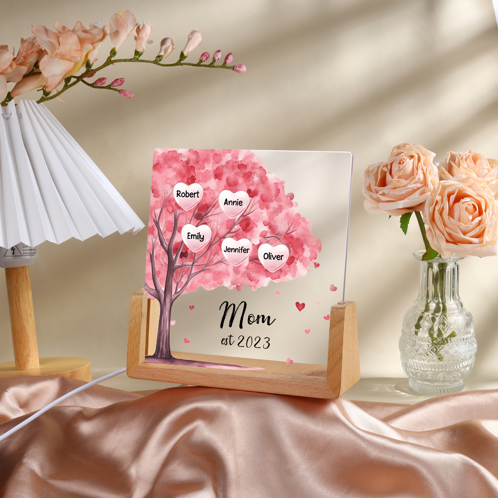 5 Names - Personalized Sakura Tree Night Light with Custom Text And Date LED Light, Gift for Mom