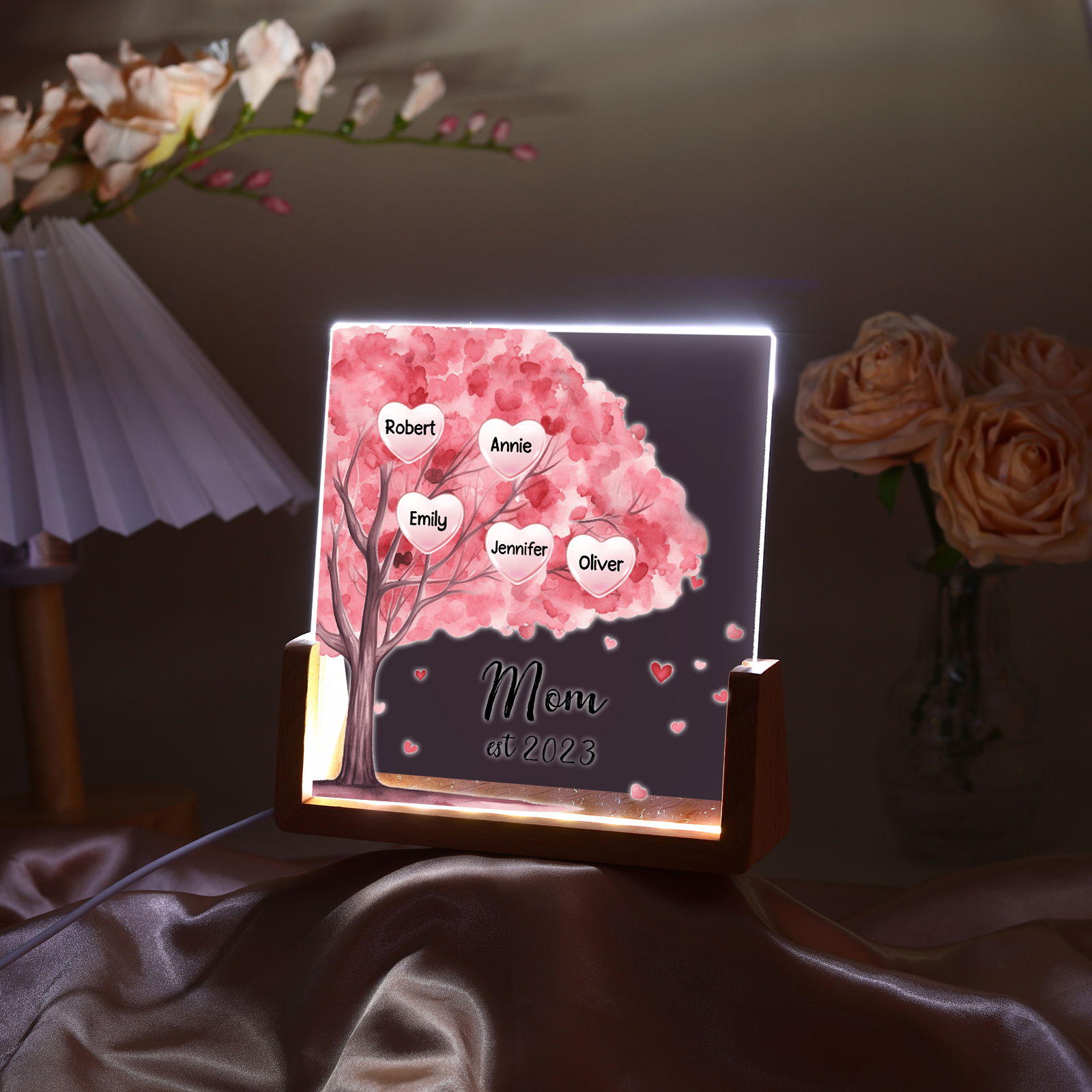 5 Names - Personalized Sakura Tree Night Light with Custom Text And Date LED Light, Gift for Mom