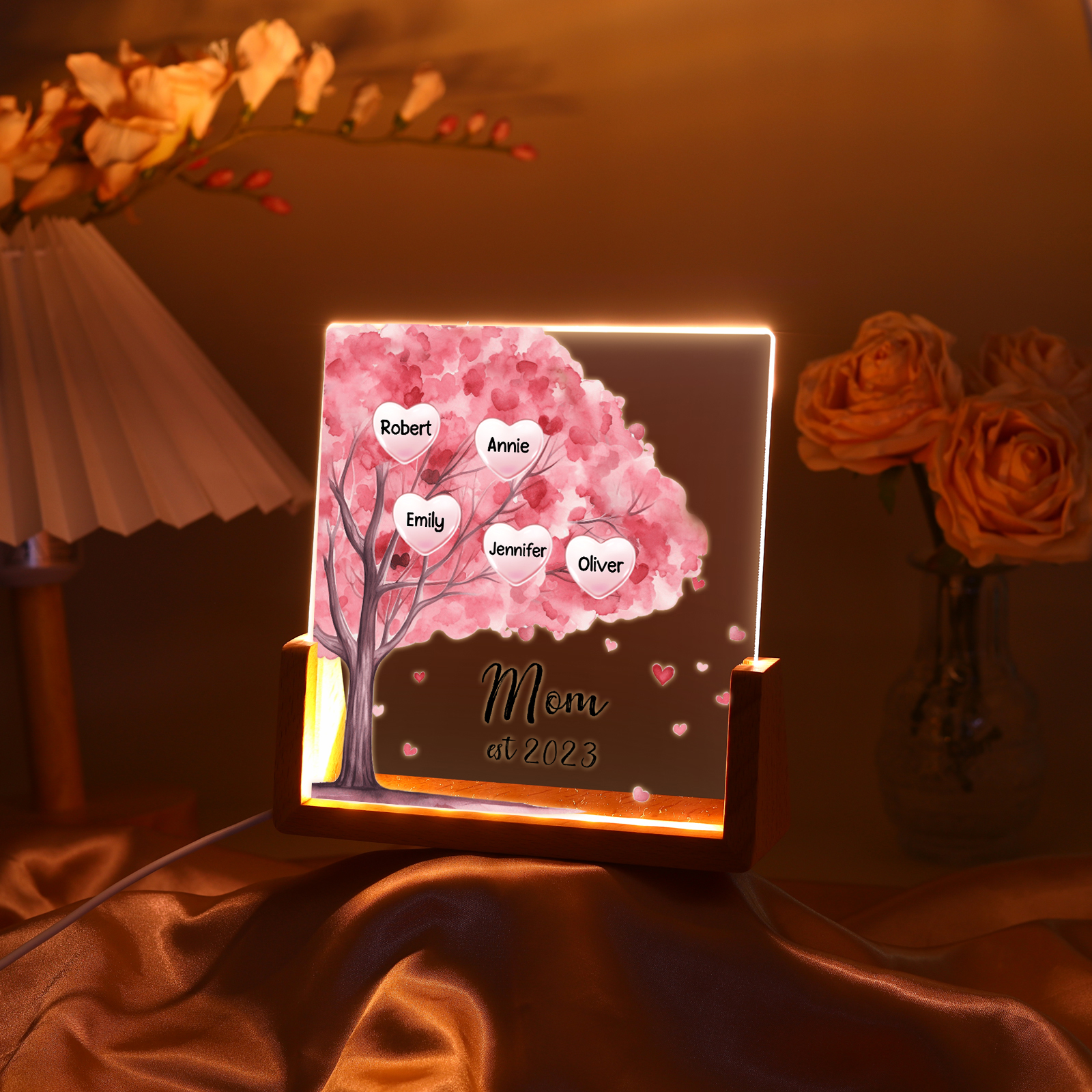 5 Names - Personalized Sakura Tree Night Light with Custom Text And Date LED Light, Gift for Mom