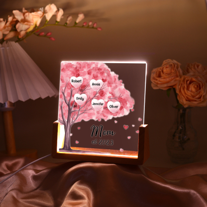 5 Names - Personalized Sakura Tree Night Light with Custom Text And Date LED Light, Gift for Mom