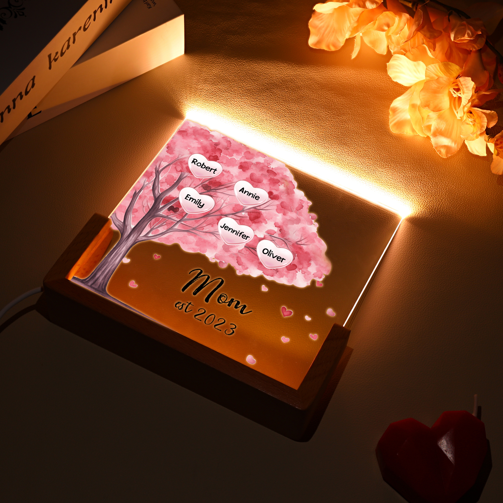 5 Names - Personalized Sakura Tree Night Light with Custom Text And Date LED Light, Gift for Mom