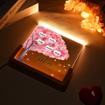 5 Names - Personalized Sakura Tree Night Light with Custom Text And Date LED Light, Gift for Mom