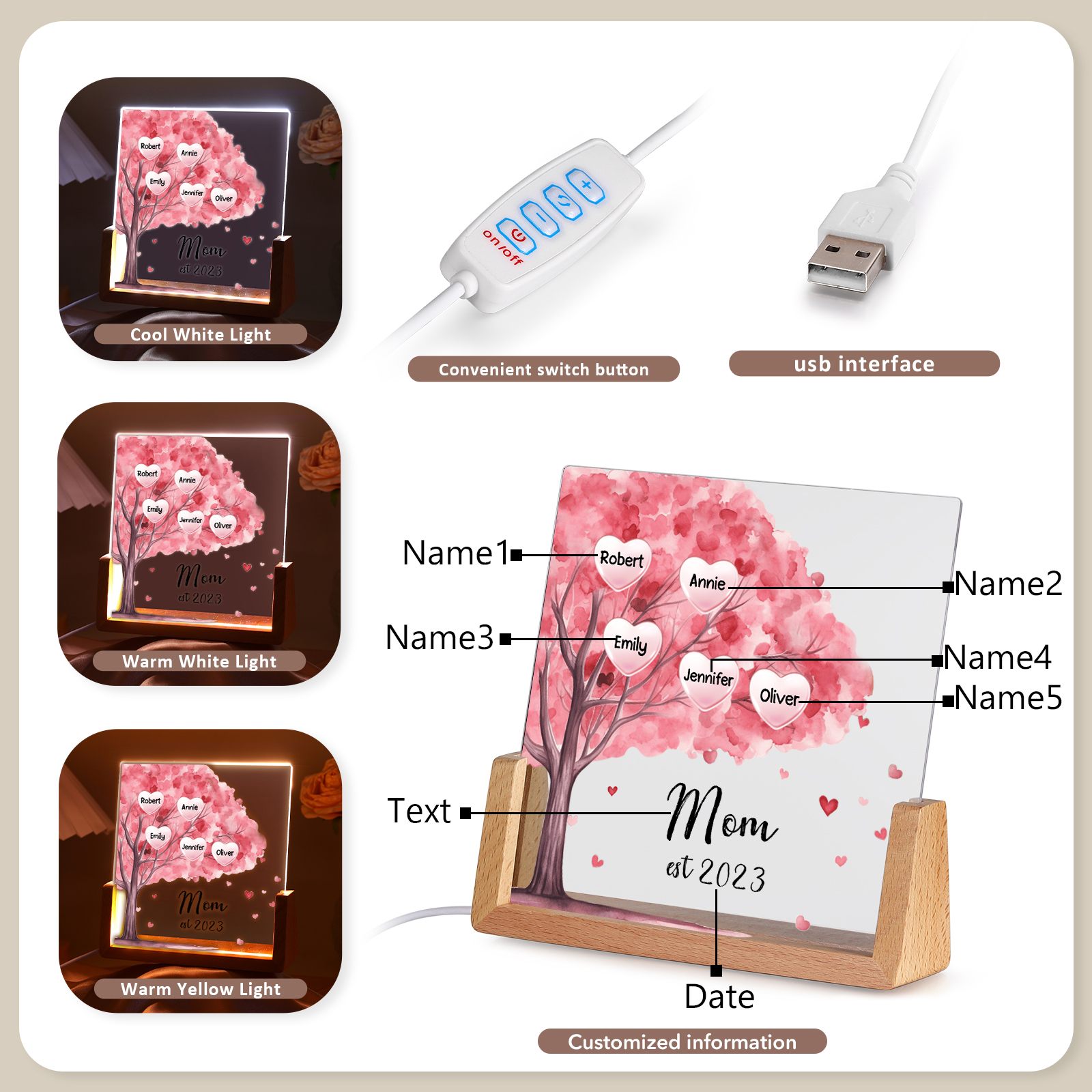 5 Names - Personalized Sakura Tree Night Light with Custom Text And Date LED Light, Gift for Mom