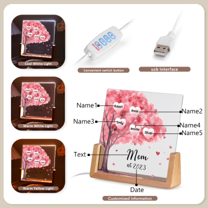 5 Names - Personalized Sakura Tree Night Light with Custom Text And Date LED Light, Gift for Mom