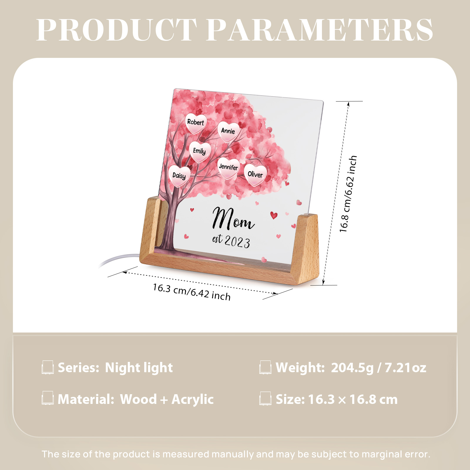 6 Names - Personalized Sakura Tree Night Light with Custom Text And Date LED Light, Gift for Mom