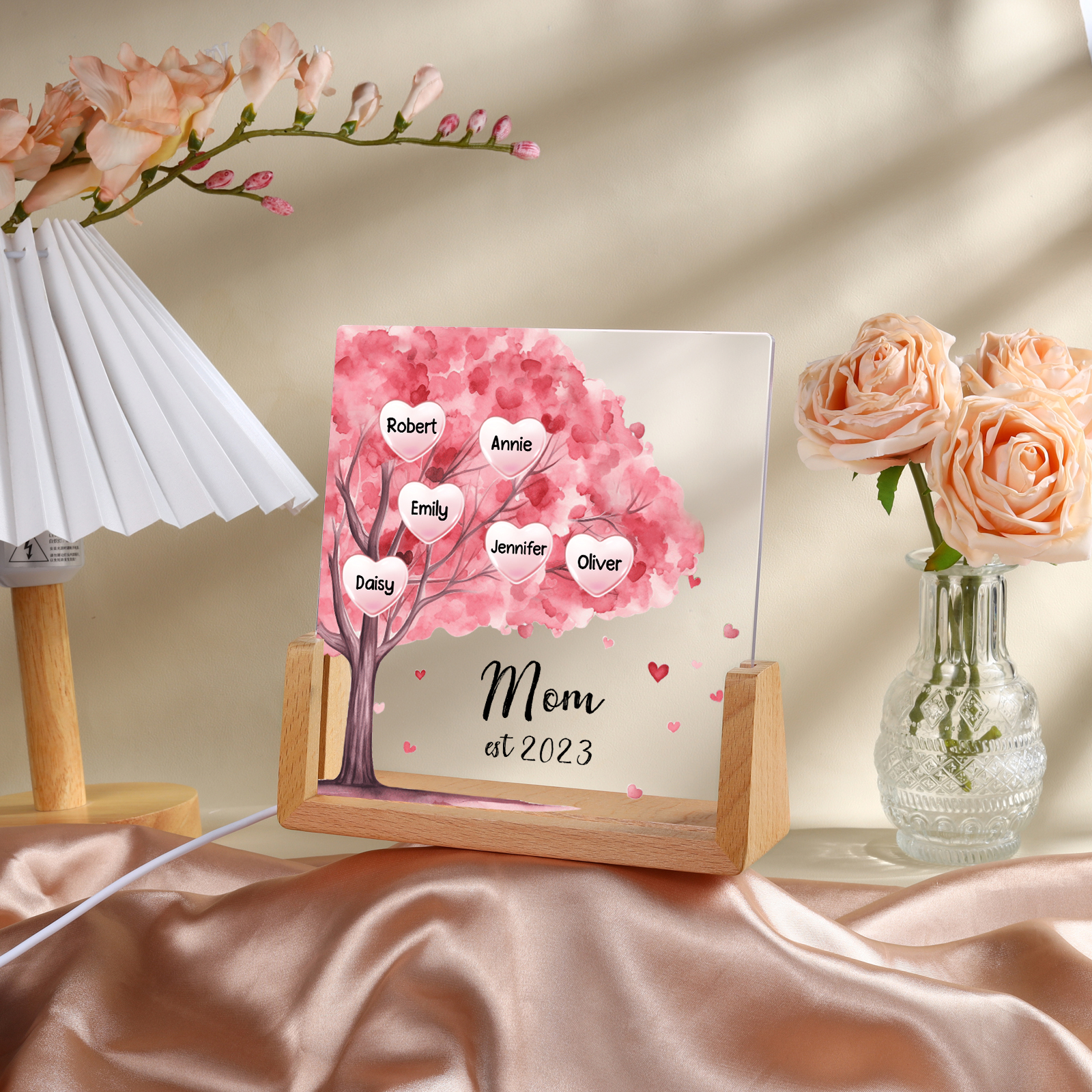 6 Names - Personalized Sakura Tree Night Light with Custom Text And Date LED Light, Gift for Mom