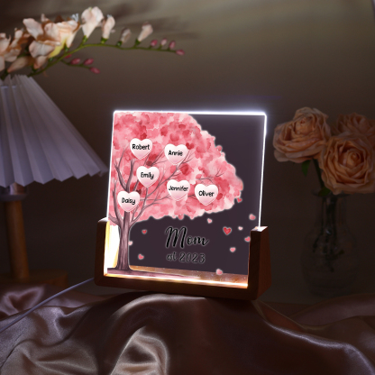 6 Names - Personalized Sakura Tree Night Light with Custom Text And Date LED Light, Gift for Mom