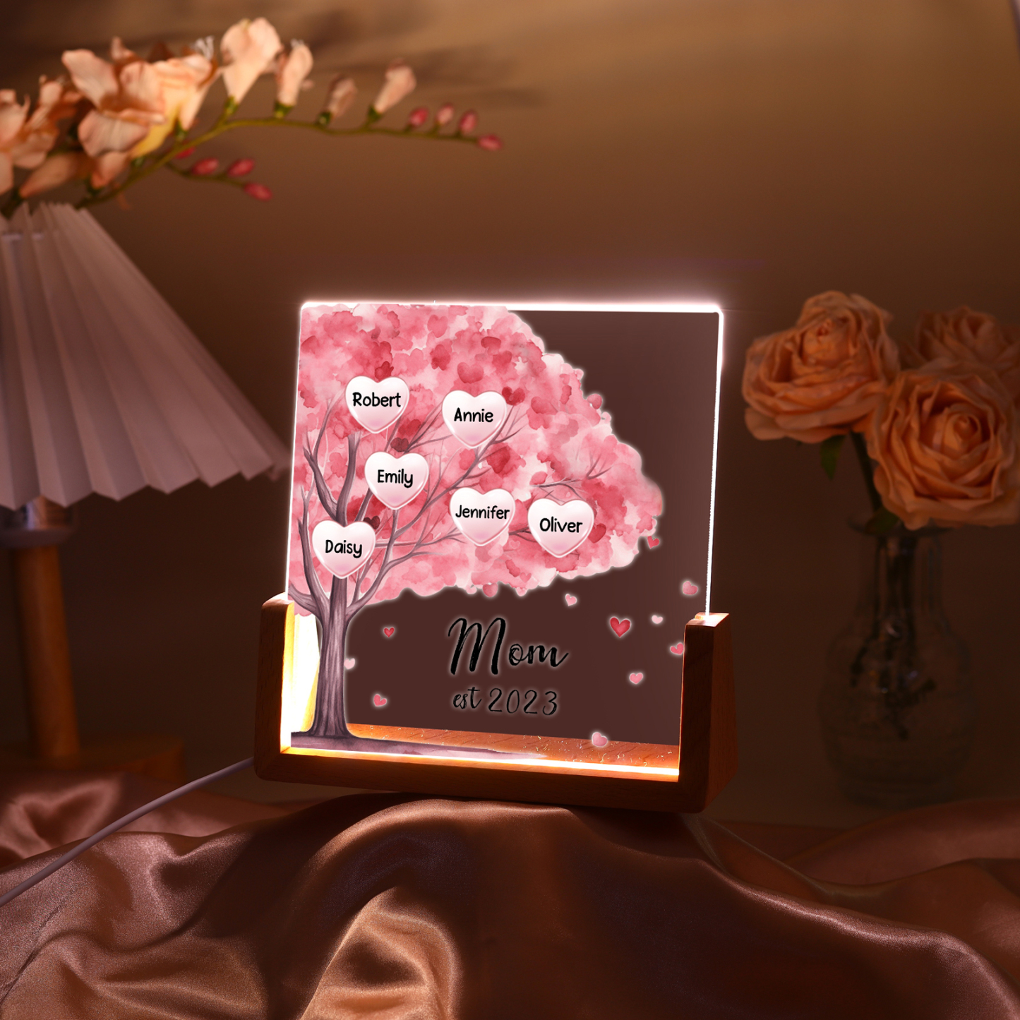 6 Names - Personalized Sakura Tree Night Light with Custom Text And Date LED Light, Gift for Mom