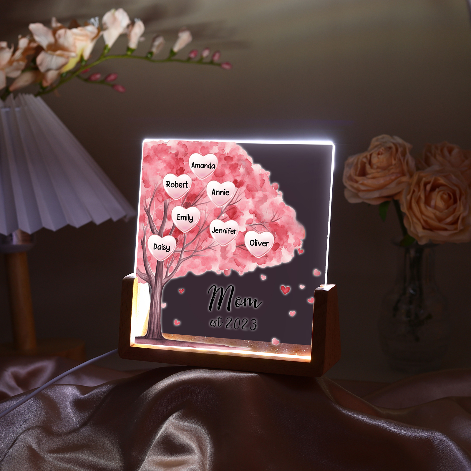 7 Names - Personalized Sakura Tree Night Light with Custom Text And Date LED Light, Gift for Mom