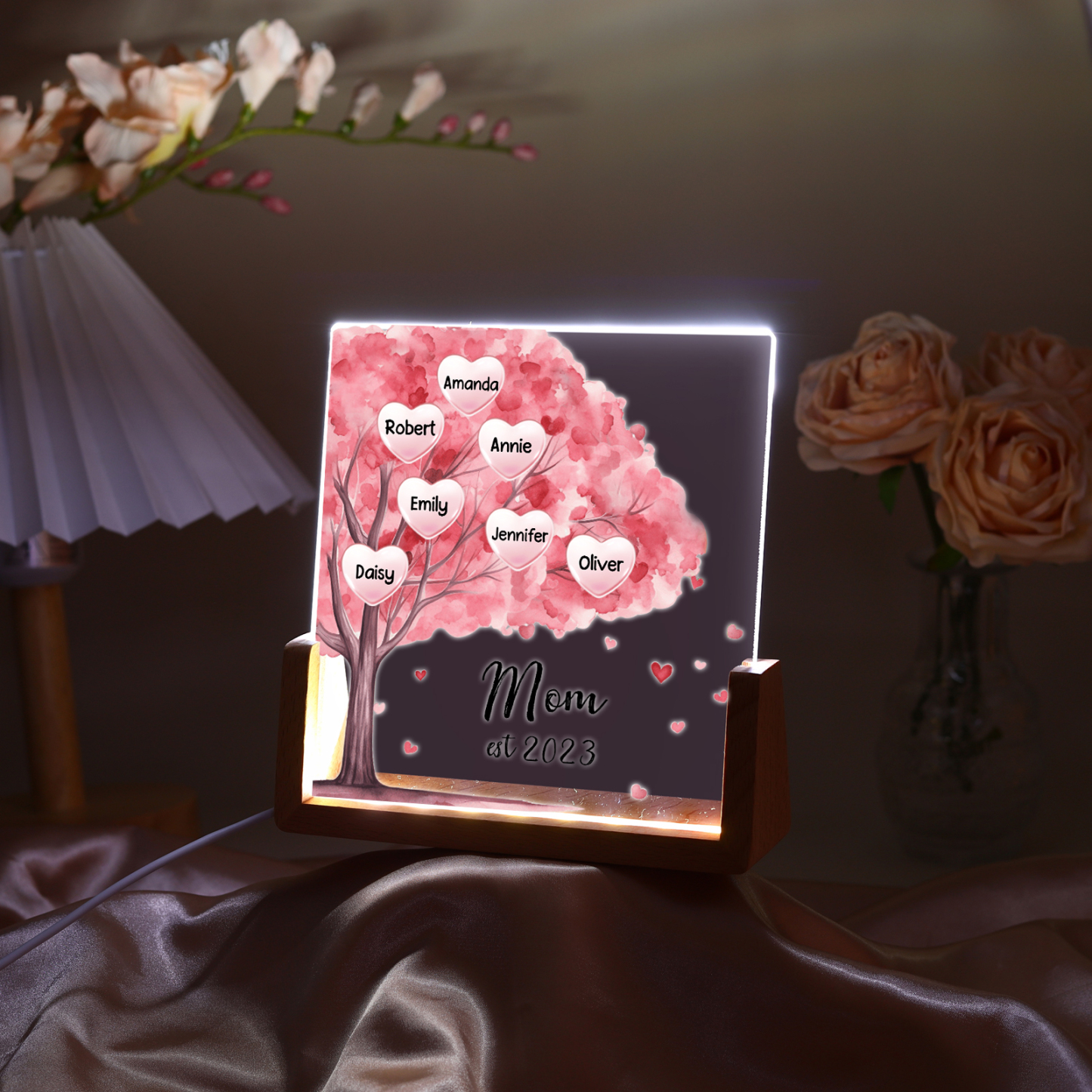 7 Names - Personalized Sakura Tree Night Light with Custom Text And Date LED Light, Gift for Mom