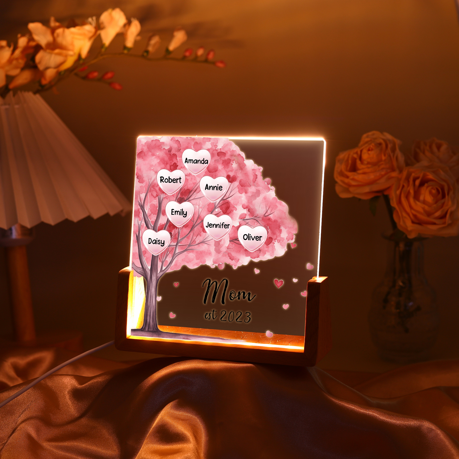 7 Names - Personalized Sakura Tree Night Light with Custom Text And Date LED Light, Gift for Mom