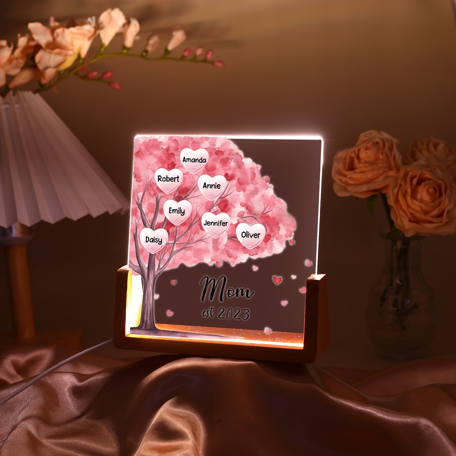 7 Names - Personalized Sakura Tree Night Light with Custom Text And Date LED Light, Gift for Mom