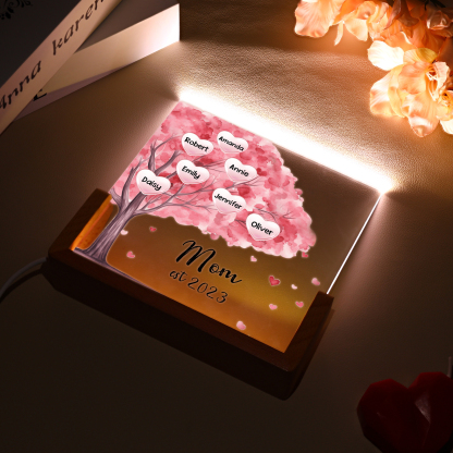 7 Names - Personalized Sakura Tree Night Light with Custom Text And Date LED Light, Gift for Mom