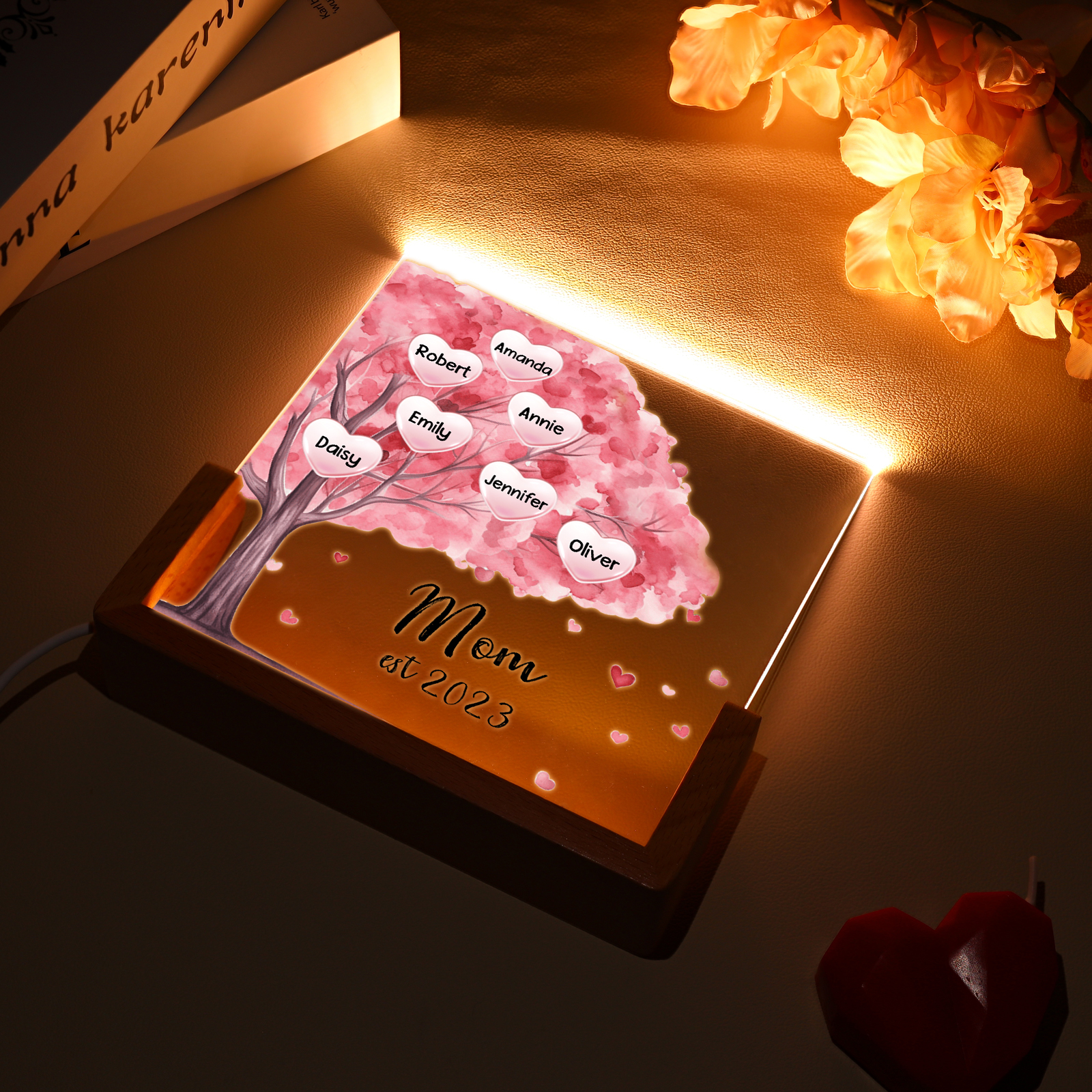 7 Names - Personalized Sakura Tree Night Light with Custom Text And Date LED Light, Gift for Mom