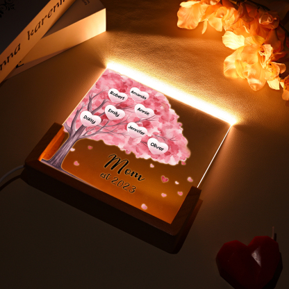 7 Names - Personalized Sakura Tree Night Light with Custom Text And Date LED Light, Gift for Mom