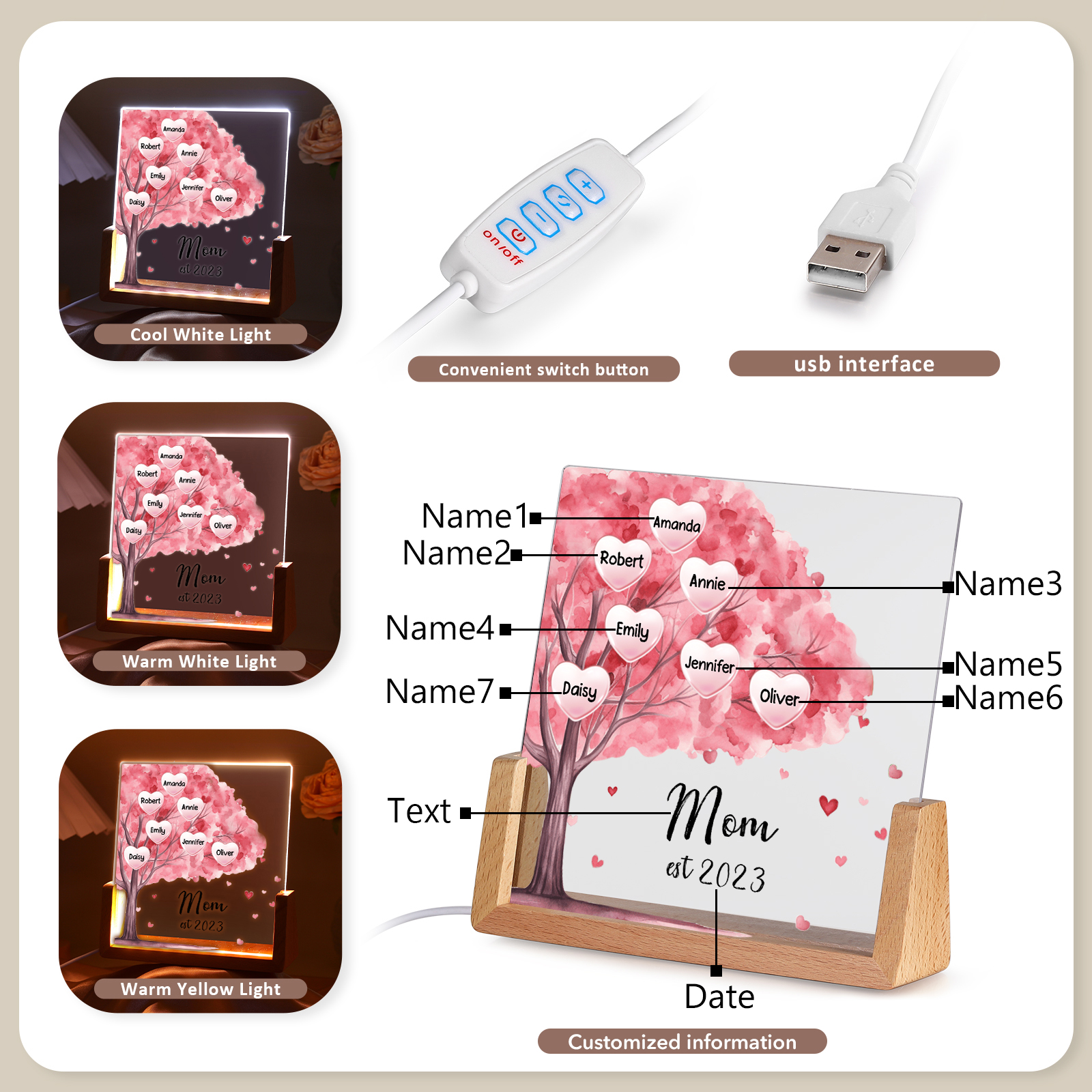 7 Names - Personalized Sakura Tree Night Light with Custom Text And Date LED Light, Gift for Mom