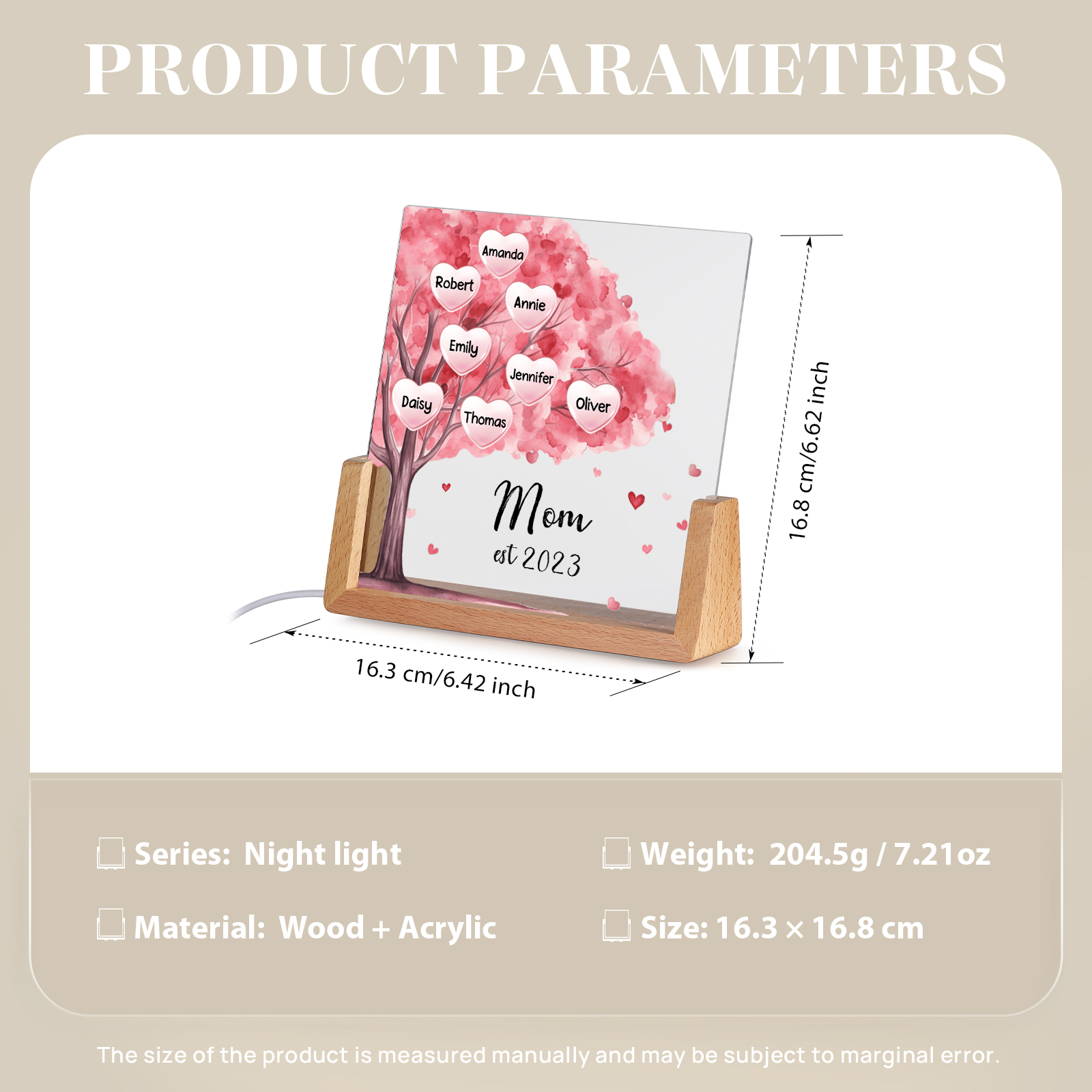 8 Names - Personalized Sakura Tree Night Light with Custom Text And Date LED Light, Gift for Mom