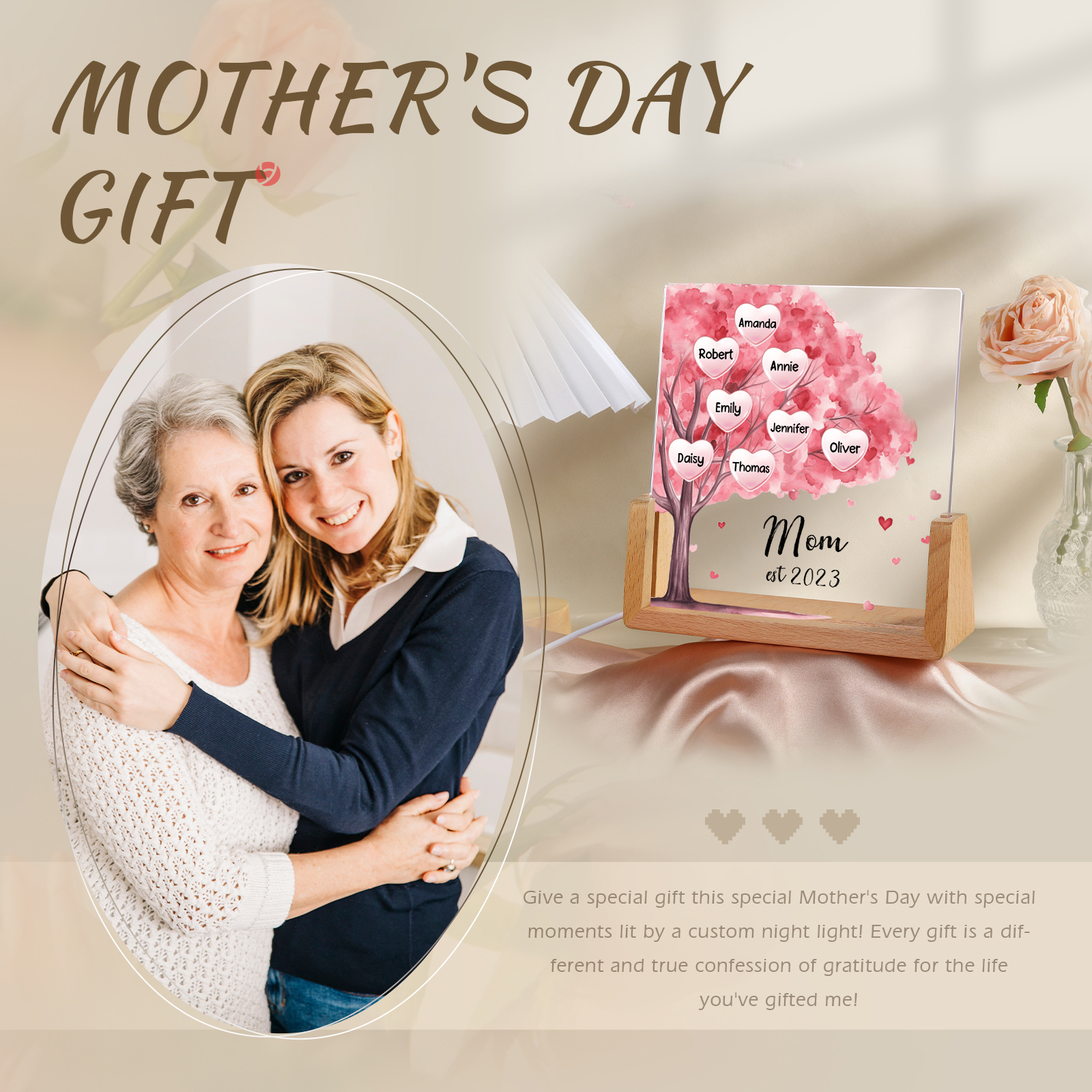 8 Names - Personalized Sakura Tree Night Light with Custom Text And Date LED Light, Gift for Mom