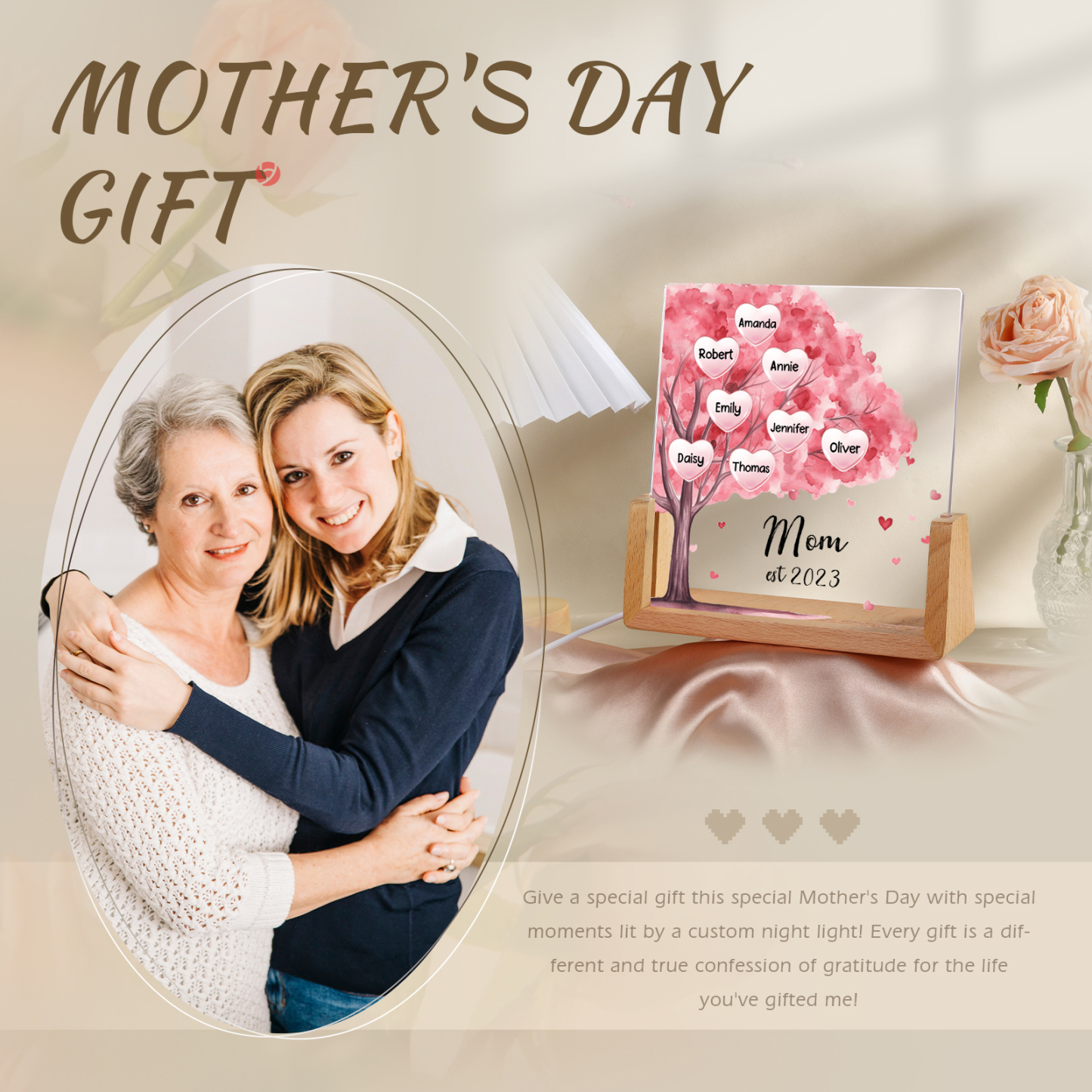 8 Names - Personalized Sakura Tree Night Light with Custom Text And Date LED Light, Gift for Mom