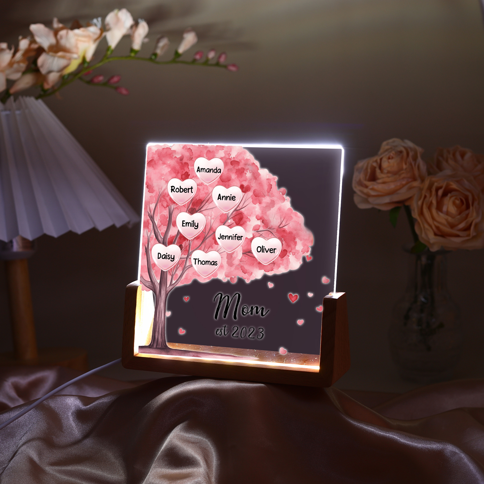 8 Names - Personalized Sakura Tree Night Light with Custom Text And Date LED Light, Gift for Mom