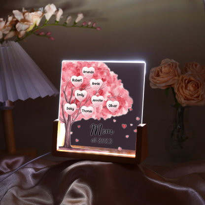 8 Names - Personalized Sakura Tree Night Light with Custom Text And Date LED Light, Gift for Mom