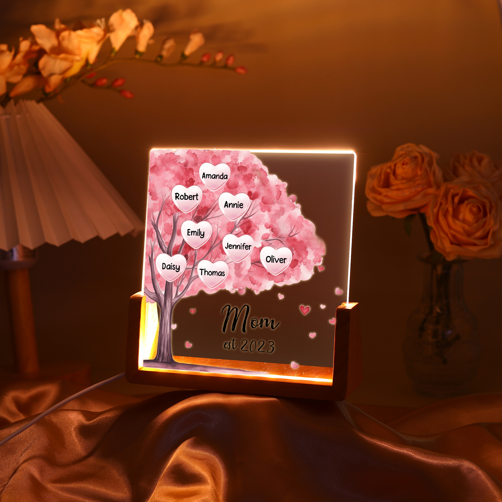 8 Names - Personalized Sakura Tree Night Light with Custom Text And Date LED Light, Gift for Mom