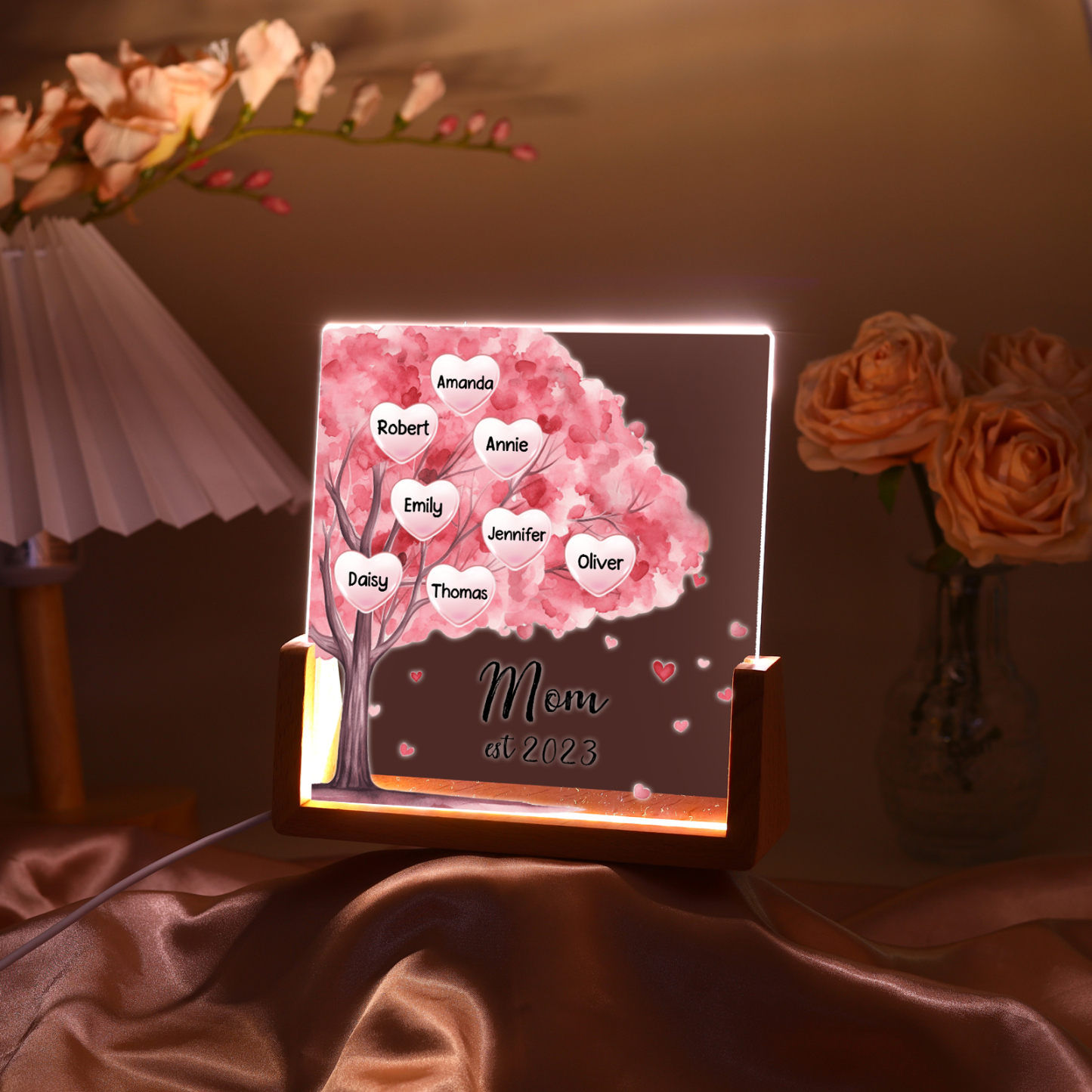 8 Names - Personalized Sakura Tree Night Light with Custom Text And Date LED Light, Gift for Mom