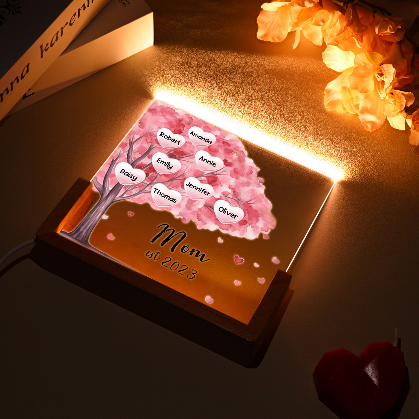 8 Names - Personalized Sakura Tree Night Light with Custom Text And Date LED Light, Gift for Mom