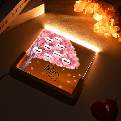 8 Names - Personalized Sakura Tree Night Light with Custom Text And Date LED Light, Gift for Mom