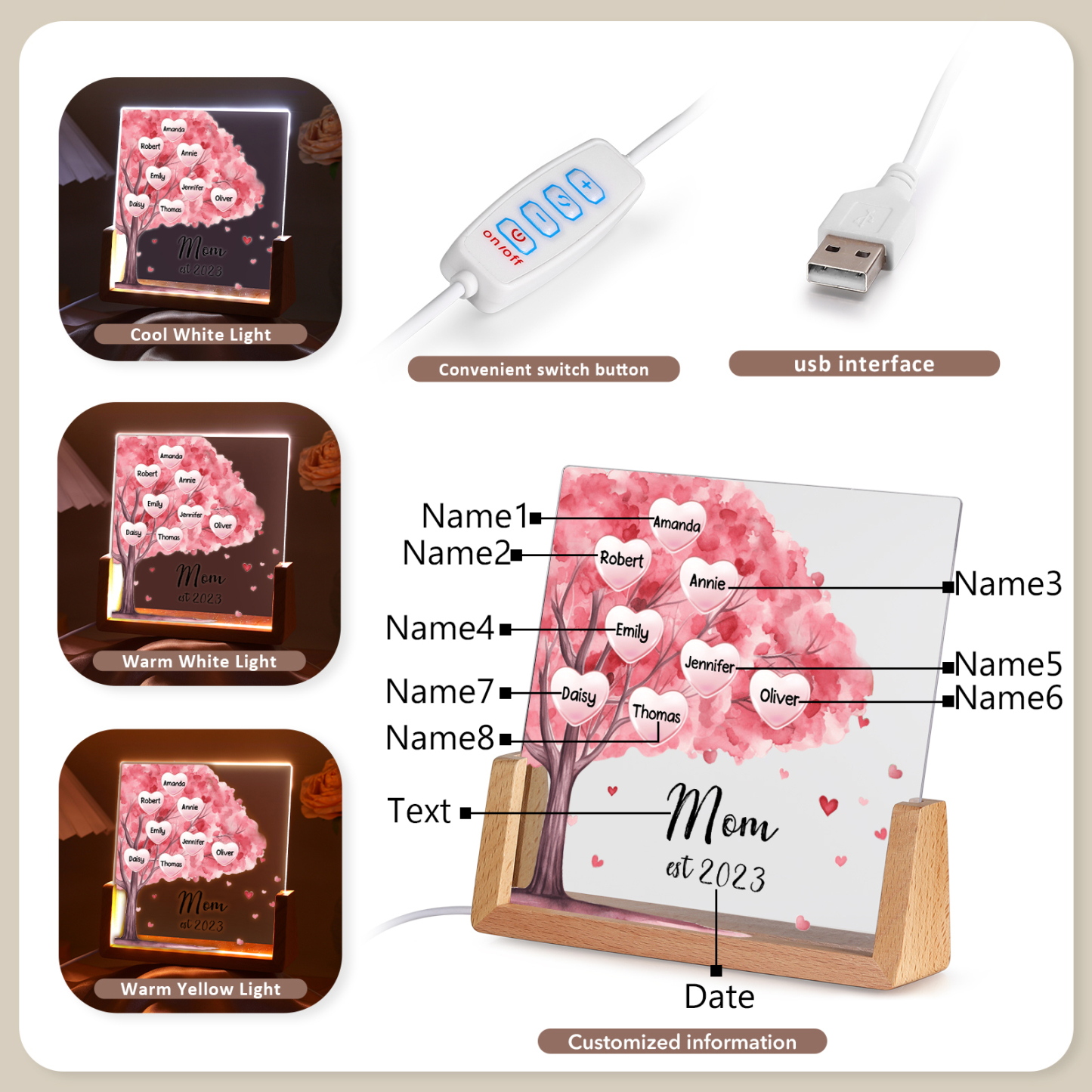 8 Names - Personalized Sakura Tree Night Light with Custom Text And Date LED Light, Gift for Mom