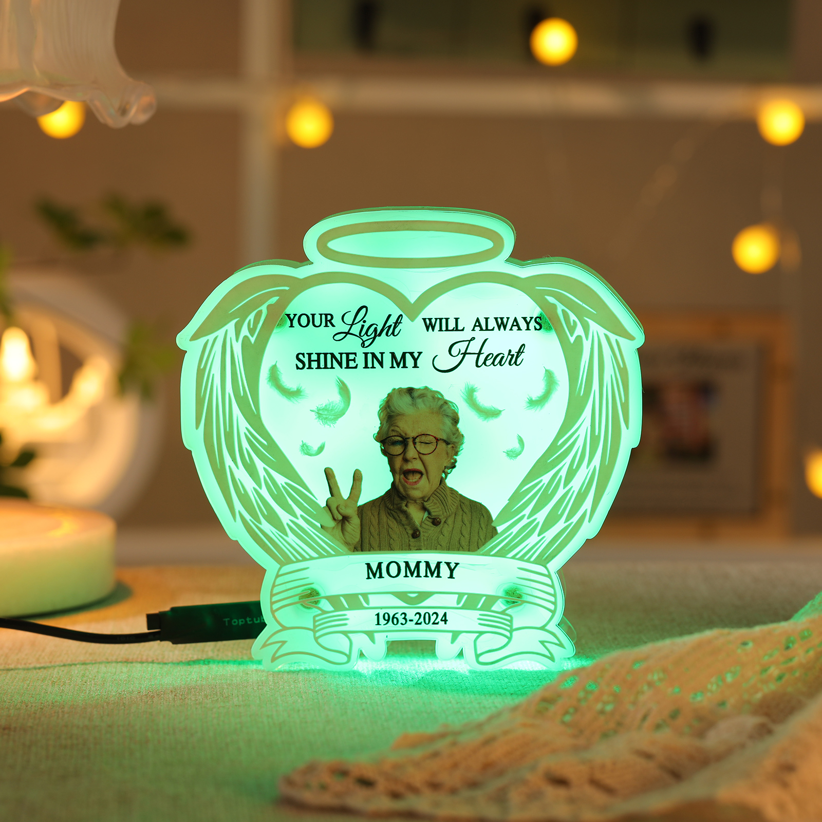 Personalized Memorial Acrylic Night Light with Angel Wings - Custom 1 Photo & Name & Date LED Lamp Christmas Memorial Gift | Jessemade