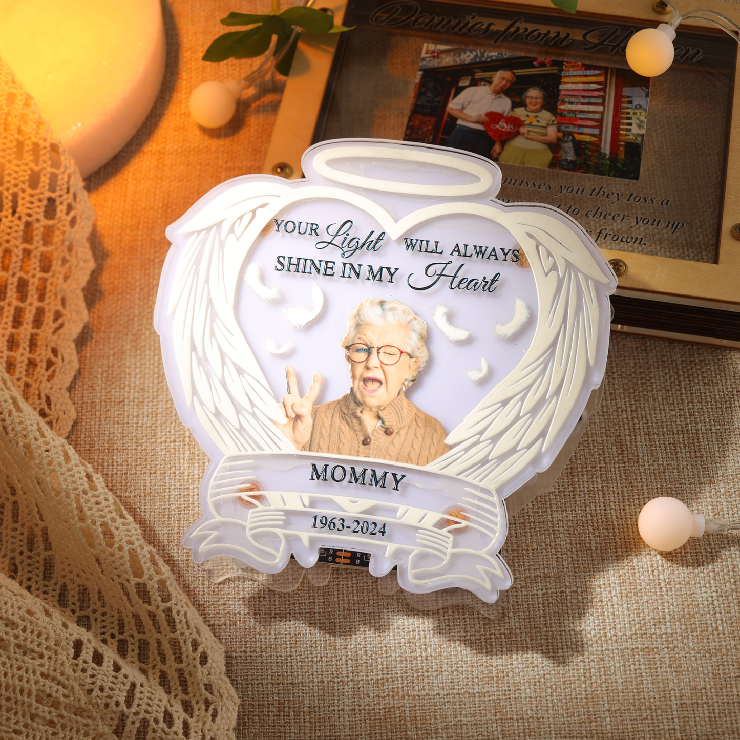 Personalized Memorial Acrylic Night Light with Angel Wings - Custom 1 Photo & Name & Date LED Lamp Christmas Memorial Gift | Jessemade