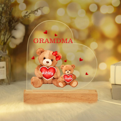 Personalized Heart Acrylic Lamp with Custom 2-5 Names Teddy Bear Design Night Light Gift for Grandma | Jessmade