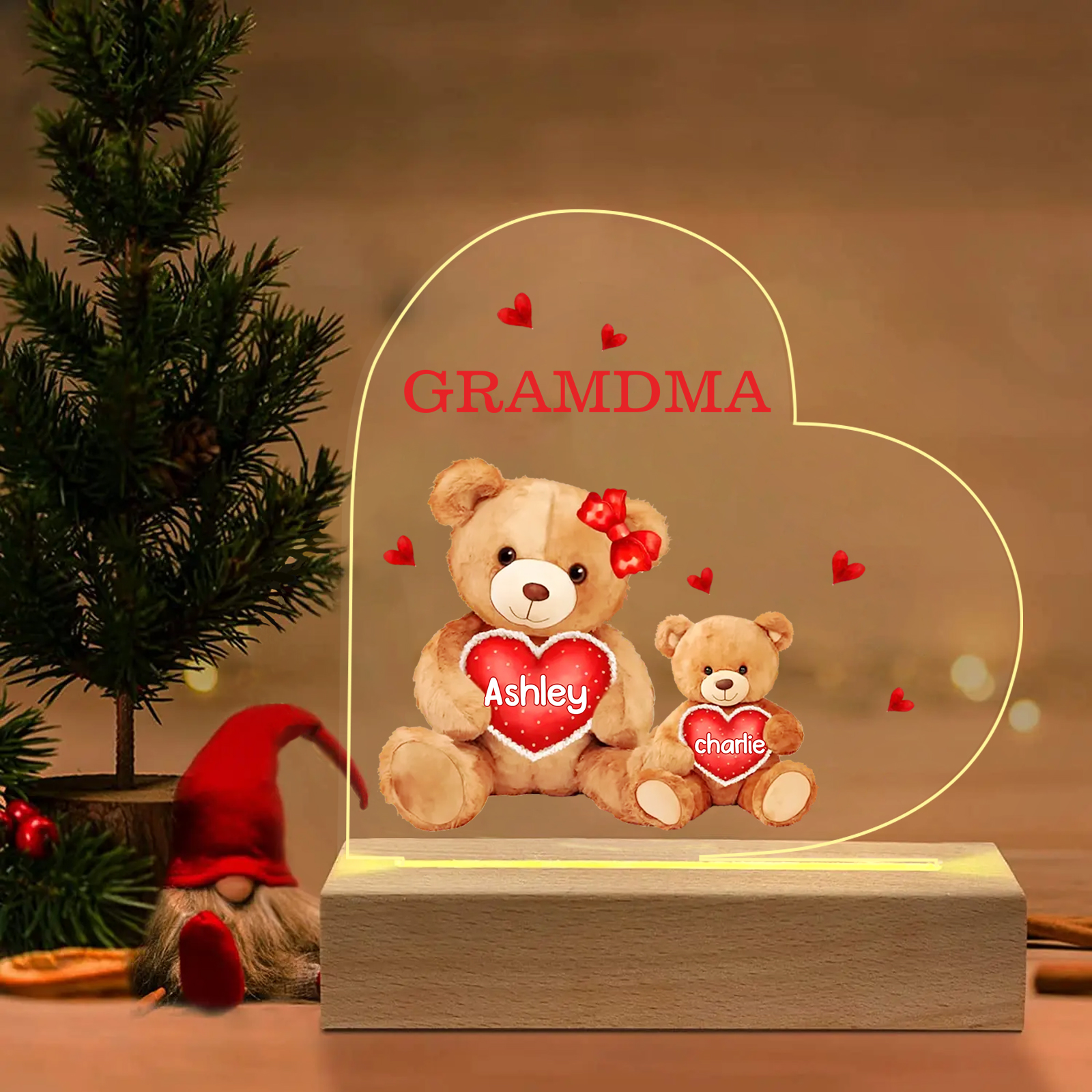 Personalized Heart Acrylic Lamp with Custom 2-5 Names Teddy Bear Desig
