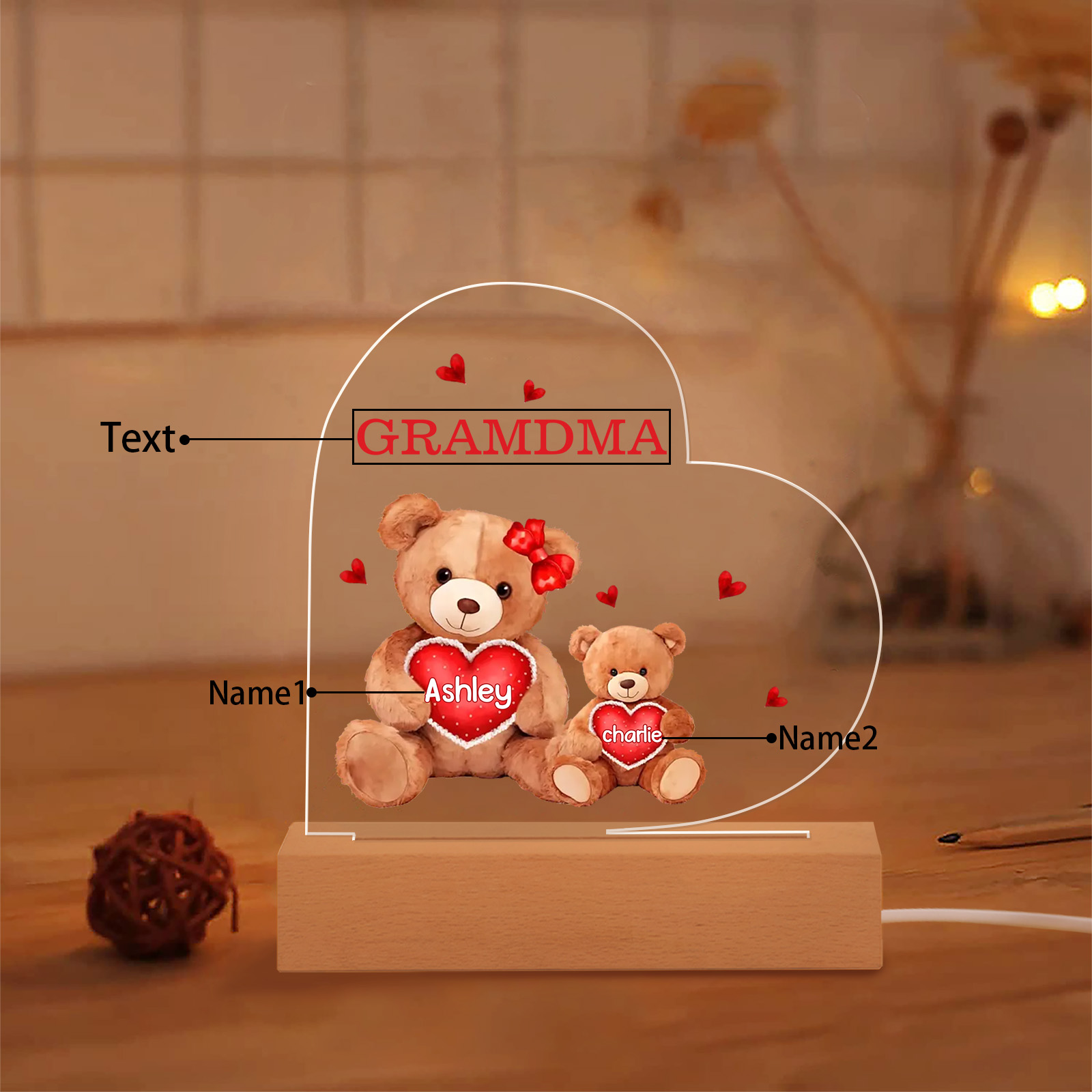 Personalized Heart Acrylic Lamp with Custom 2-5 Names Teddy Bear Design Night Light Gift for Grandma | Jessmade