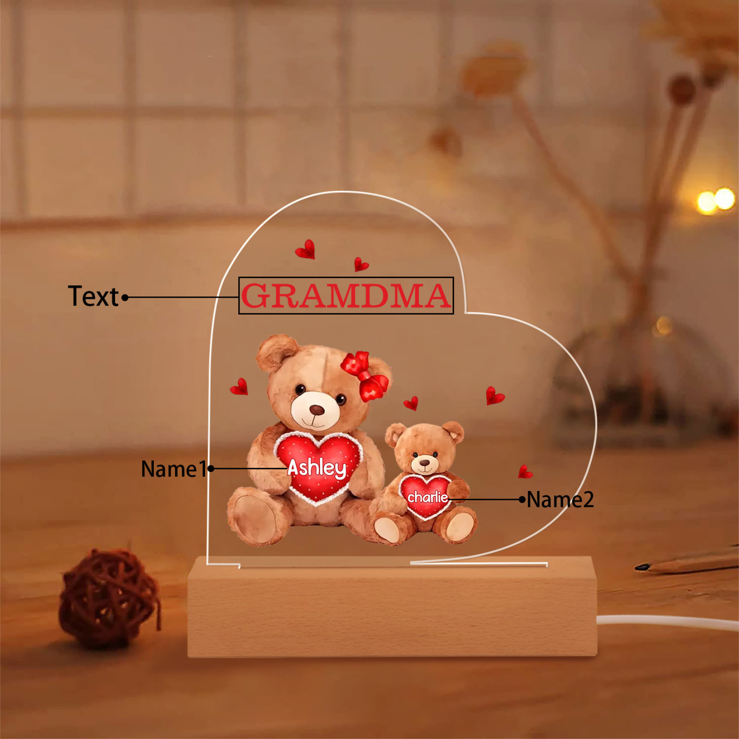 Personalized Heart Acrylic Lamp with Custom 2-5 Names Teddy Bear Design Night Light Gift for Grandma | Jessmade