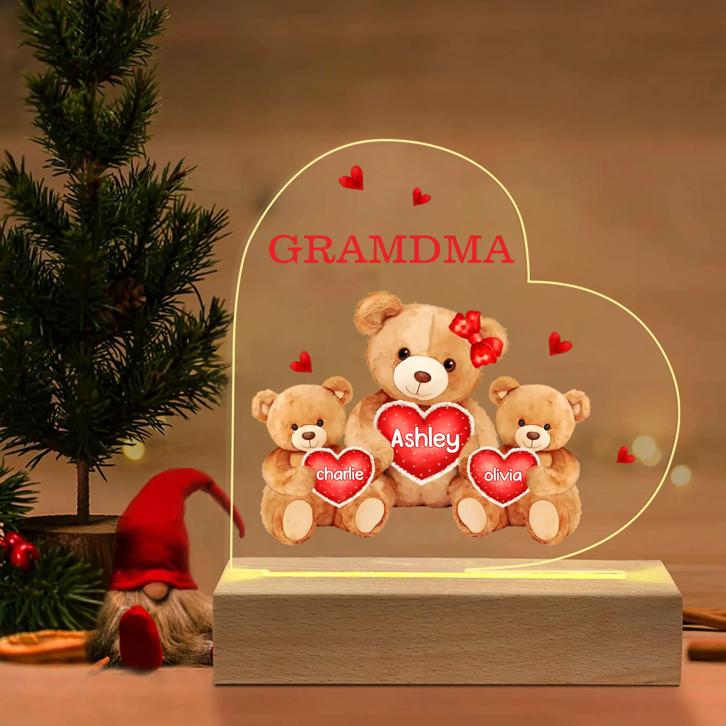 Personalized Heart Acrylic Lamp with Custom 2-5 Names Teddy Bear Design Night Light Gift for Grandma | Jessmade