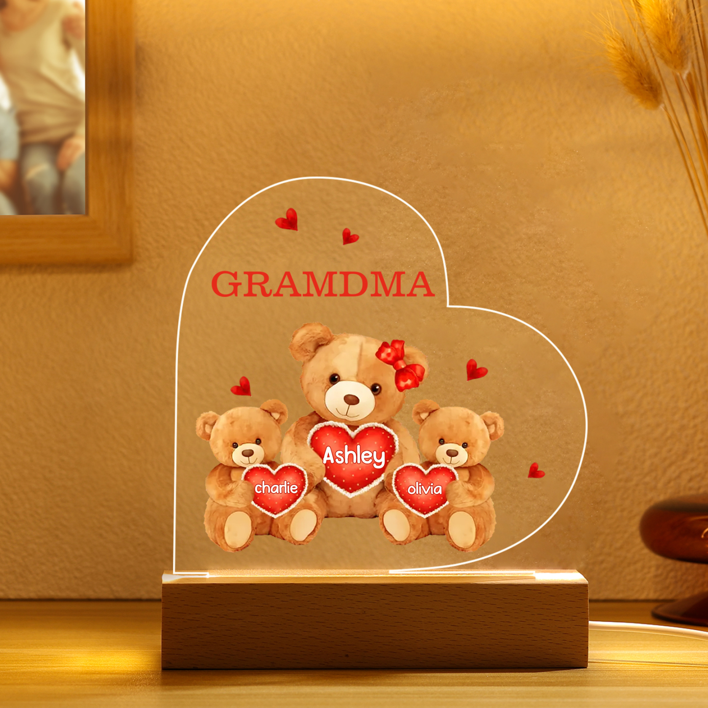 Personalized Heart Acrylic Lamp with Custom 2-5 Names Teddy Bear Design Night Light Gift for Grandma | Jessmade