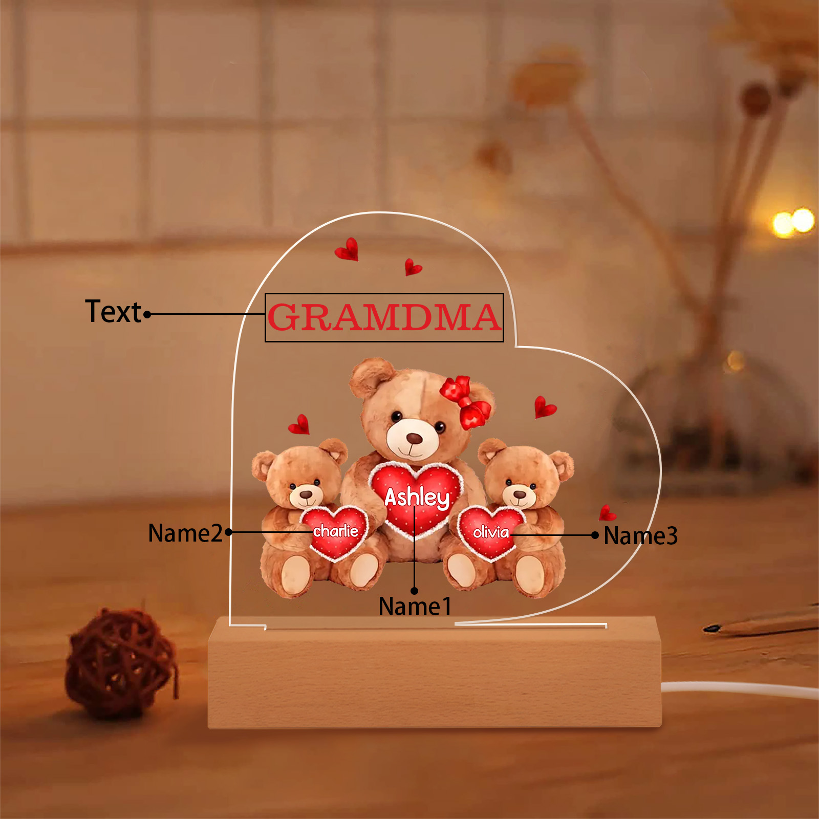 Personalized Heart Acrylic Lamp with Custom 2-5 Names Teddy Bear Design Night Light Gift for Grandma | Jessmade