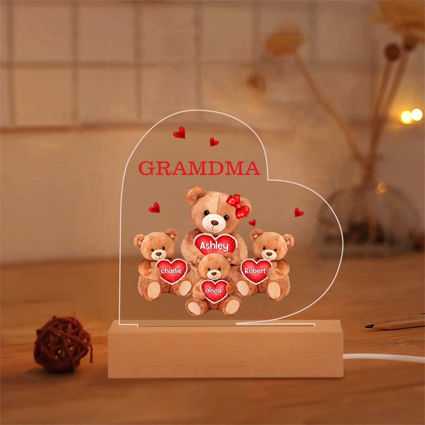 Personalized Heart Acrylic Lamp with Custom 2-5 Names Teddy Bear Design Night Light Gift for Grandma | Jessmade