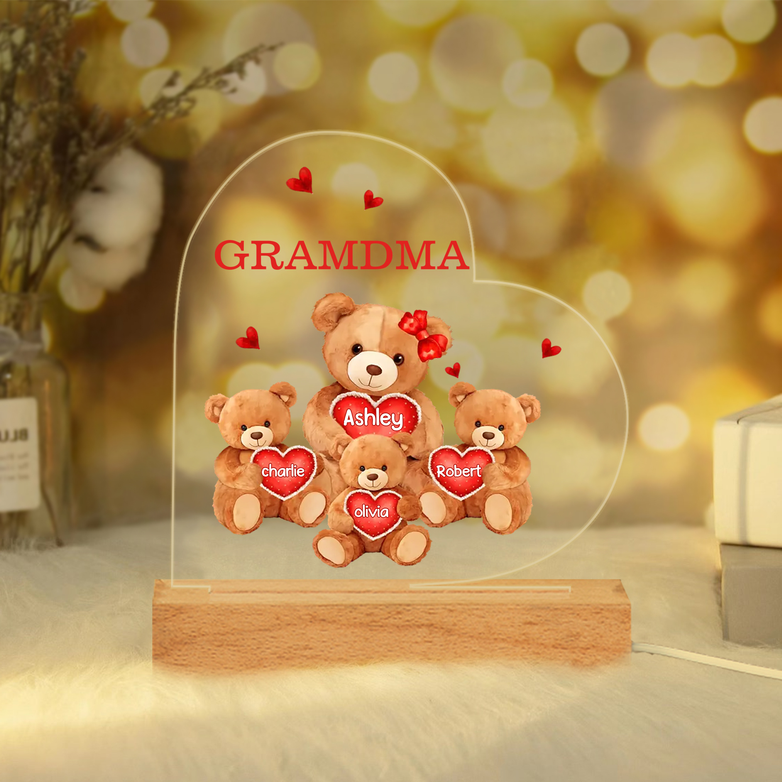 Personalized Heart Acrylic Lamp with Custom 2-5 Names Teddy Bear Design Night Light Gift for Grandma | Jessmade