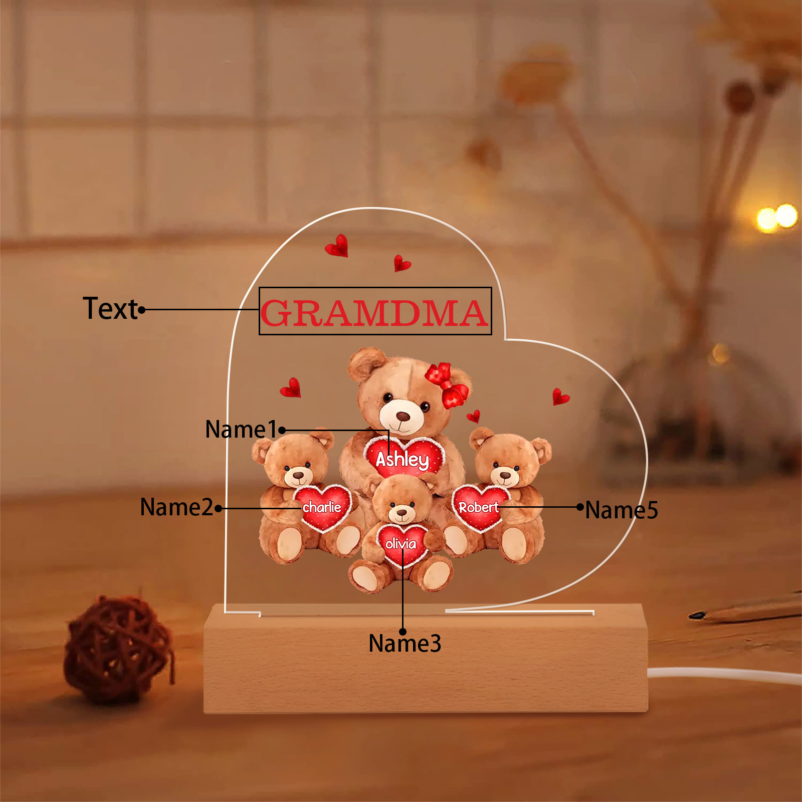 Personalized Heart Acrylic Lamp with Custom 2-5 Names Teddy Bear Design Night Light Gift for Grandma | Jessmade