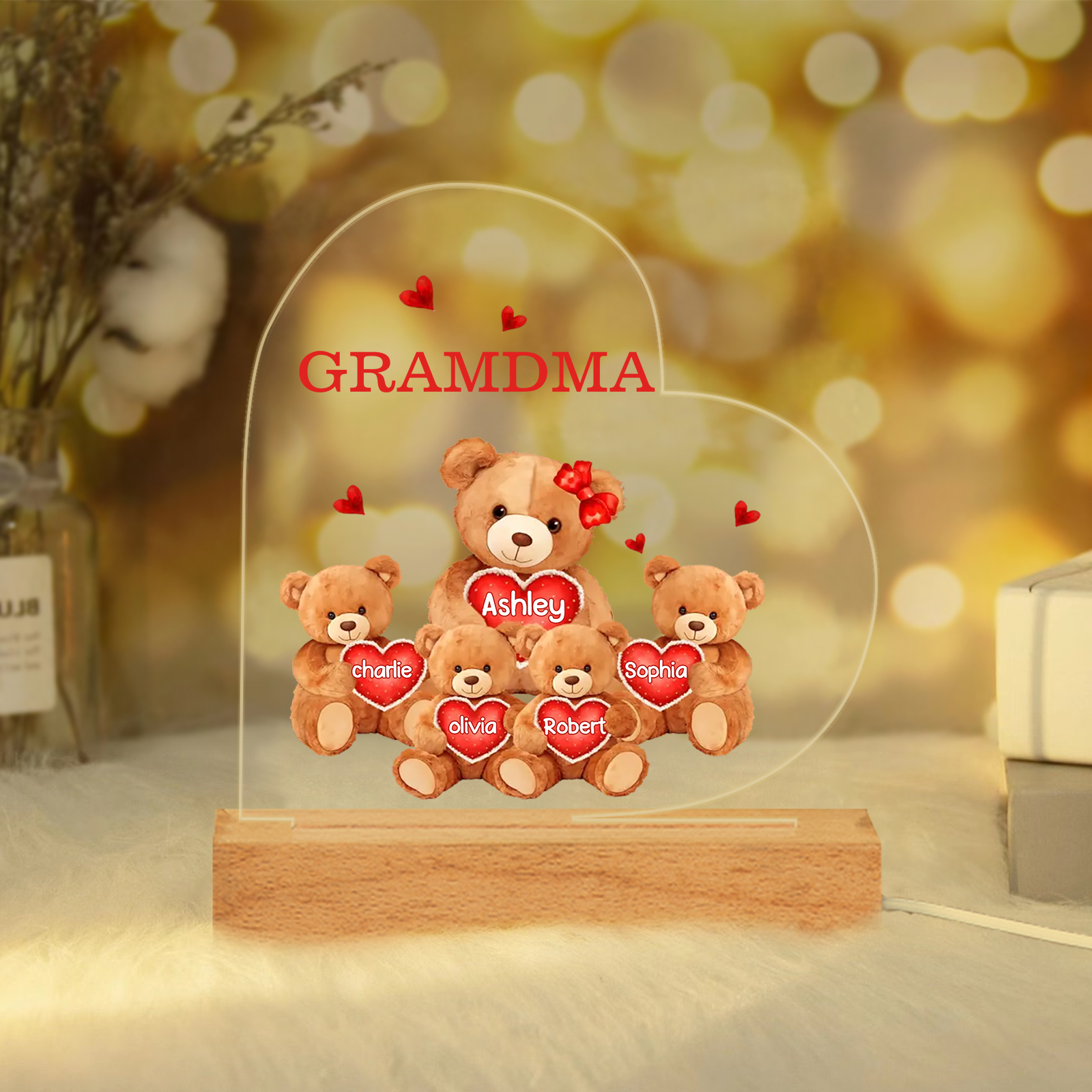 Personalized Heart Acrylic Lamp with Custom 2-5 Names Teddy Bear Design Night Light Gift for Grandma | Jessmade