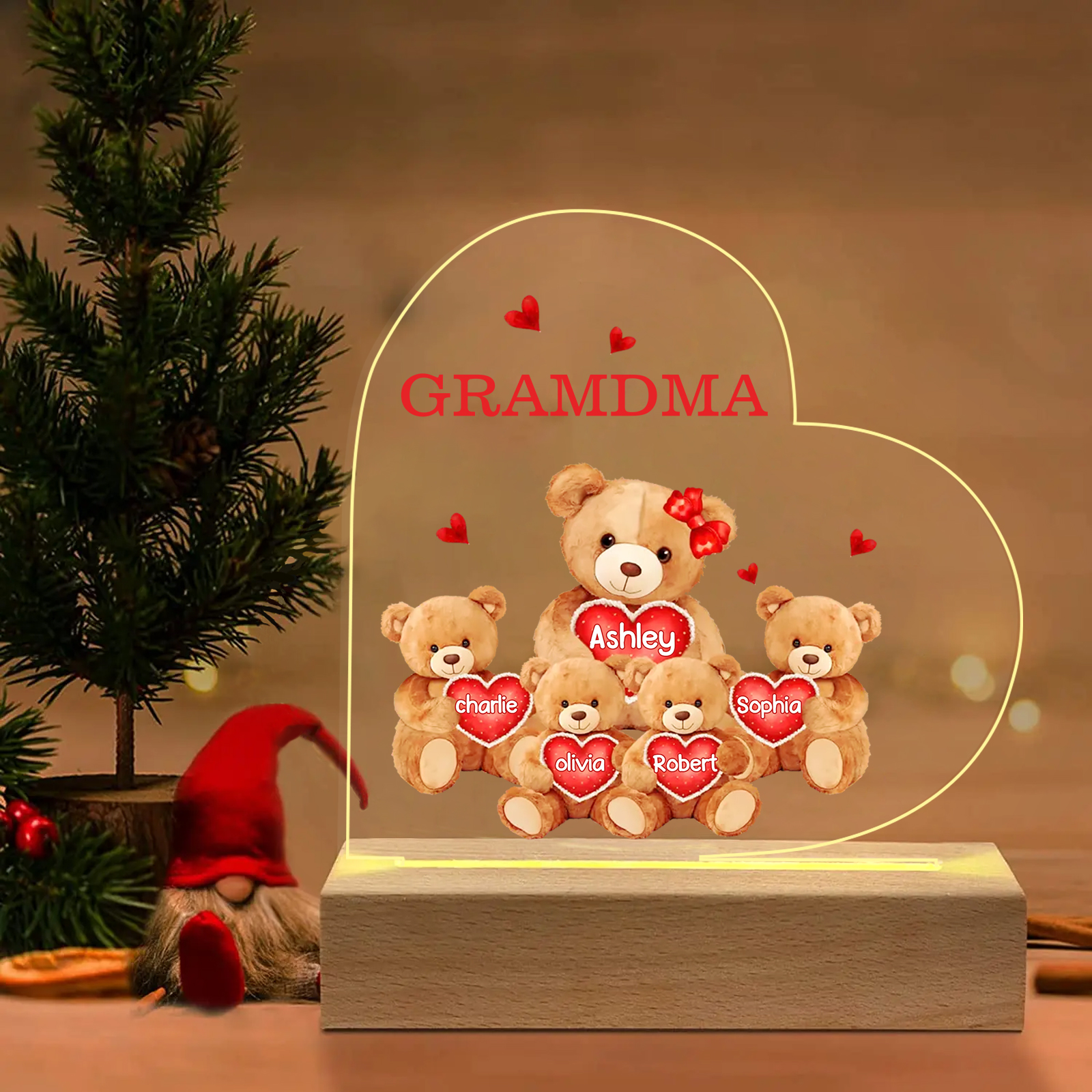 Personalized Heart Acrylic Lamp with Custom 2-5 Names Teddy Bear Design Night Light Gift for Grandma | Jessmade