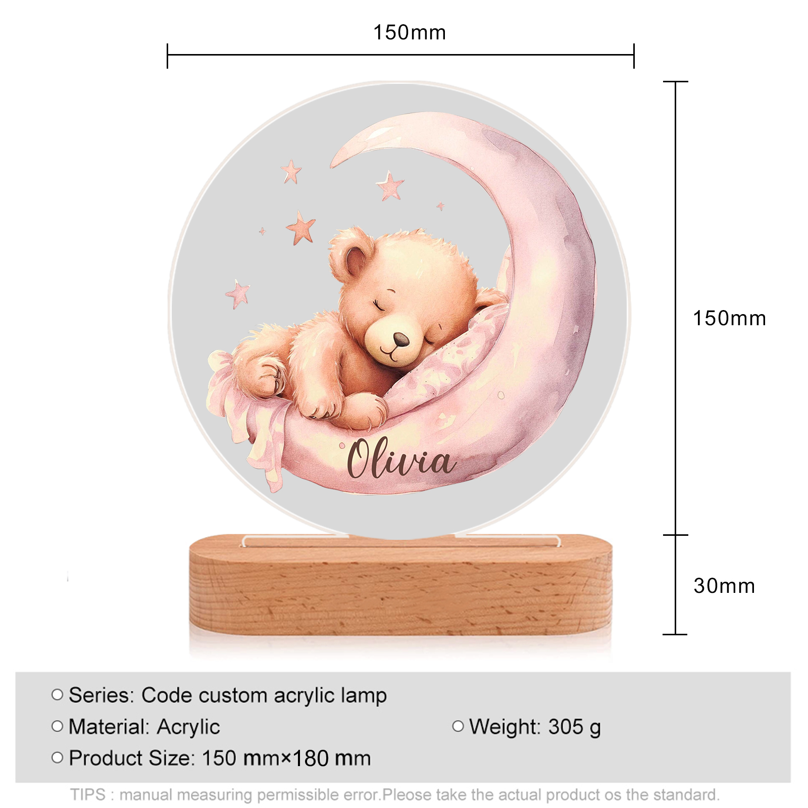 Personalized Night Light with Custom 1 Name – Sleeping Princess pink Bear Lamp Birthday Gift for Kids | Jessemade