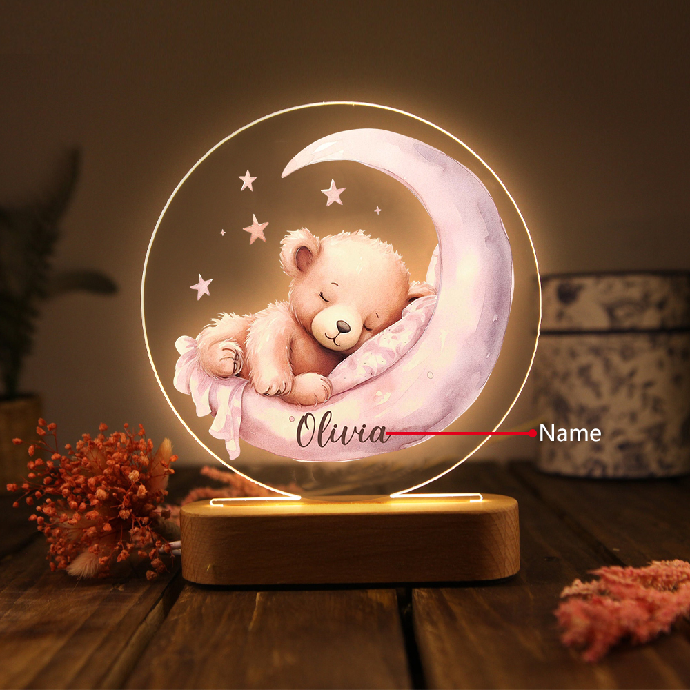 Personalized Night Light with Custom 1 Name – Sleeping Princess pink Bear Lamp Birthday Gift for Kids | Jessemade