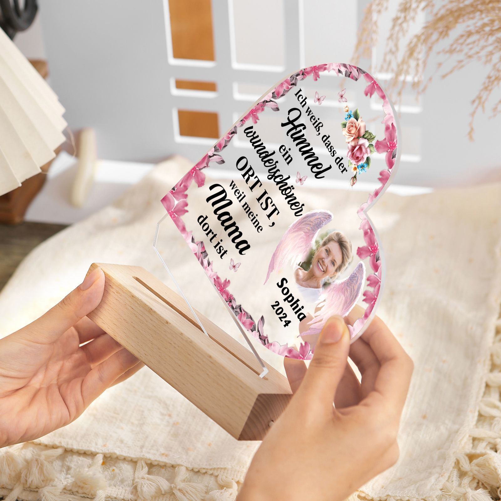 Personalized Heart Acrylic Lamp with Custom Photo & Name & Year & Salutation – Angel Memorial Night Light | Jessmade