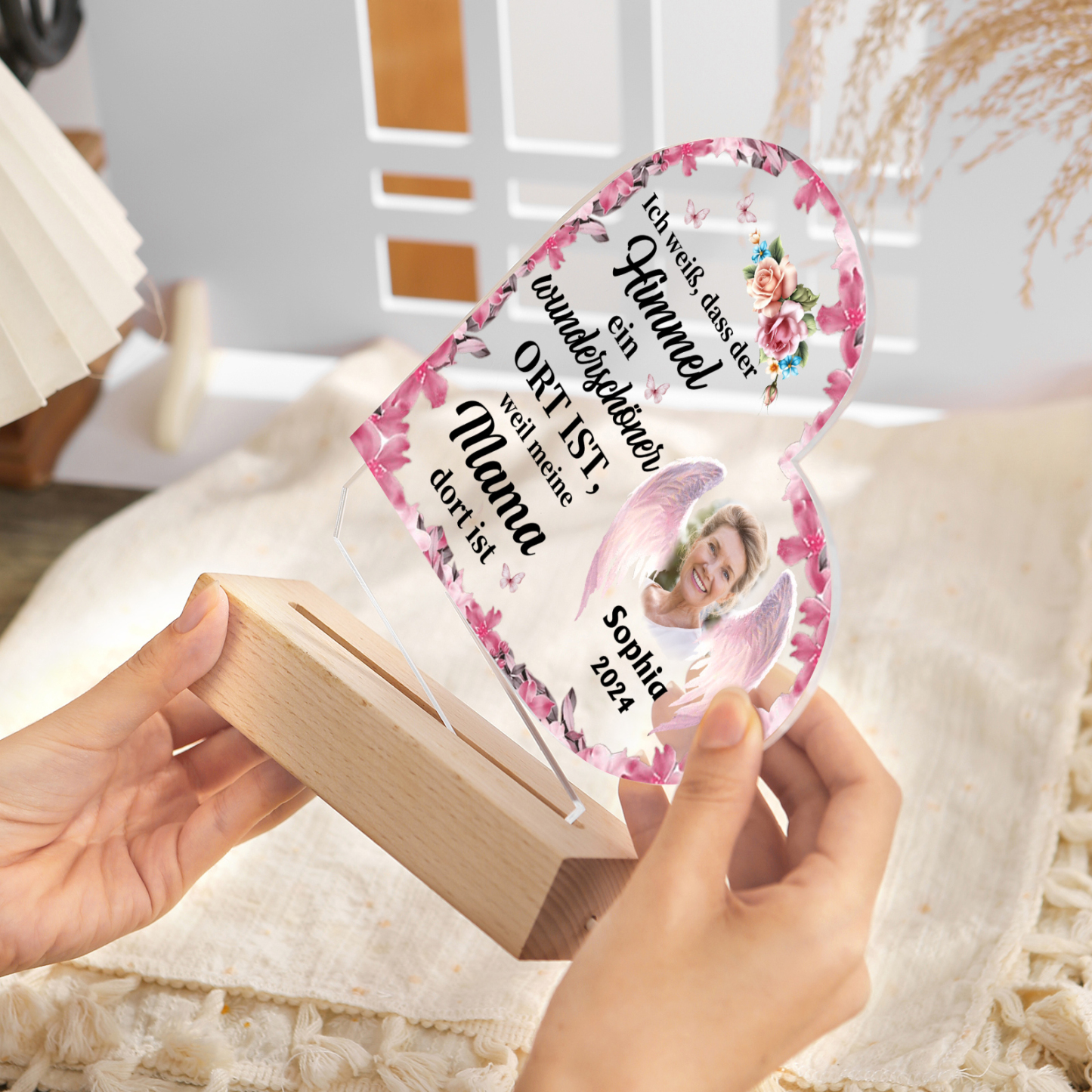 Personalized Heart Acrylic Lamp with Custom Photo & Name & Year & Salutation – Angel Memorial Night Light | Jessmade