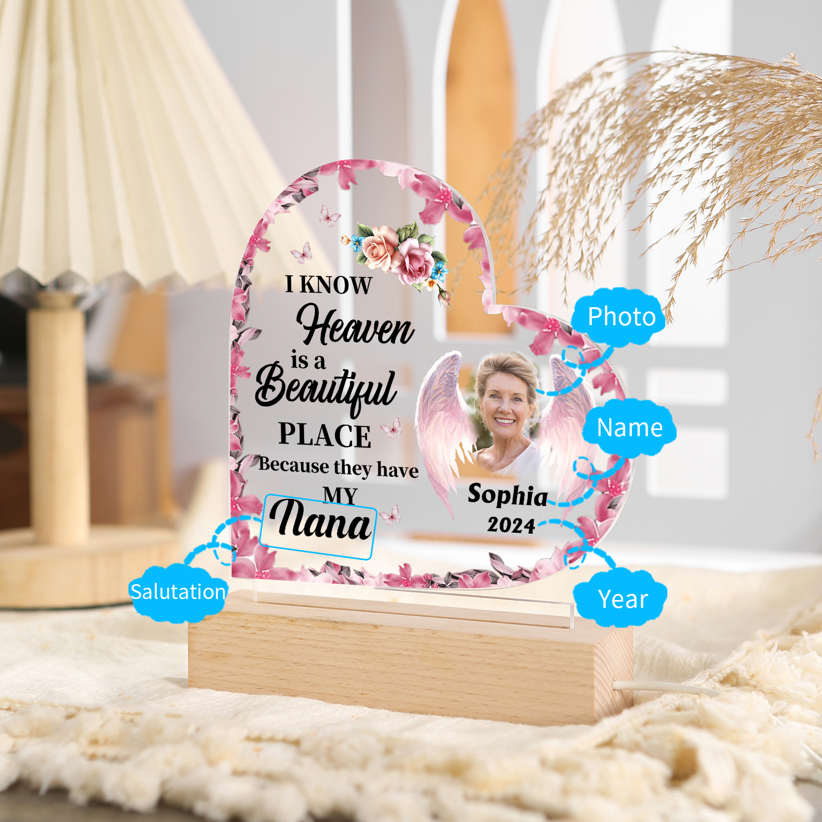 Personalized Heart Acrylic Lamp with Custom Photo & Name & Year & Salutation – Angel Memorial Night Light | Jessmade