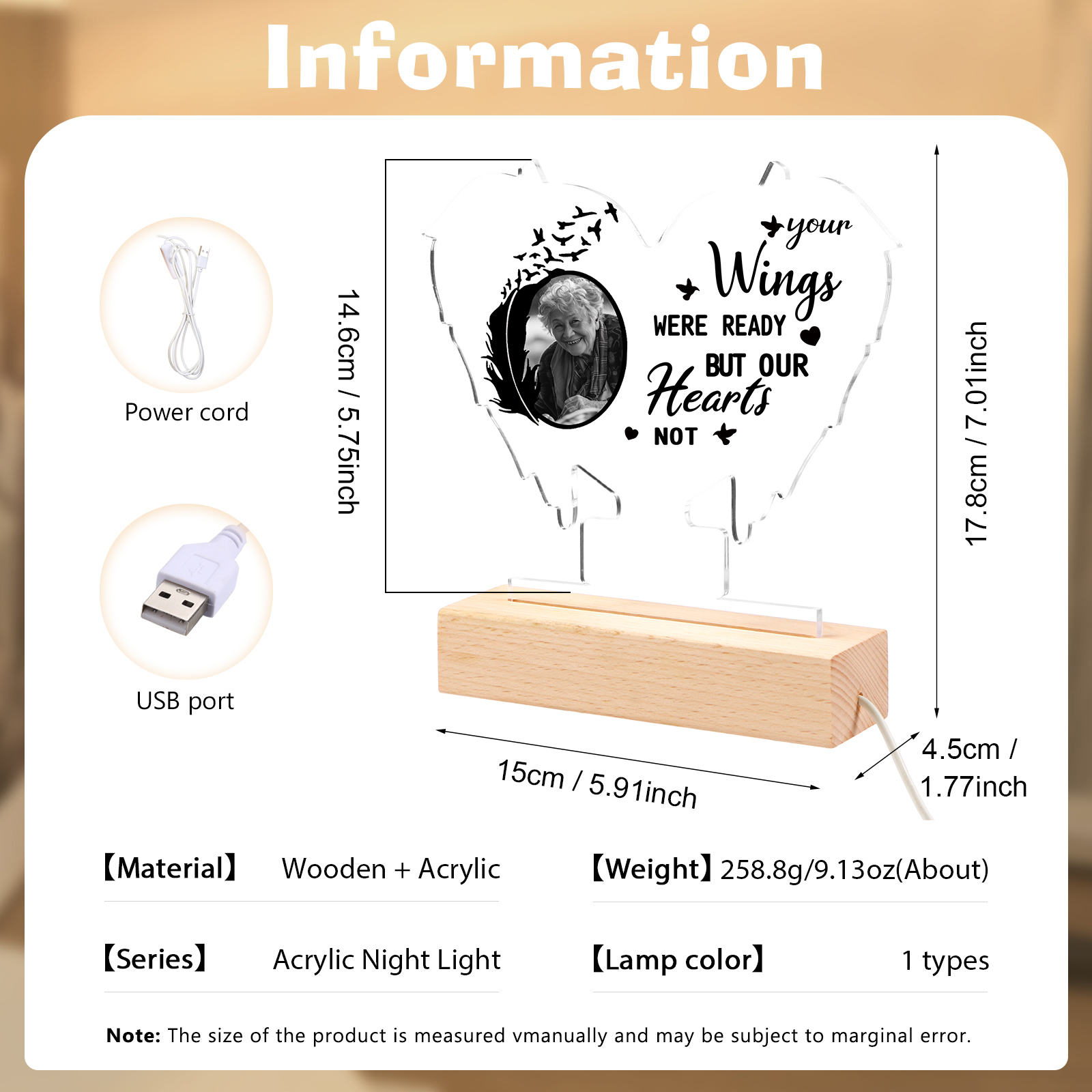 Personalised Memorial Acrylic Night Light  Custom Photo Heart-Shaped LED Lamp Christmas Memorial Gift | Jessemade